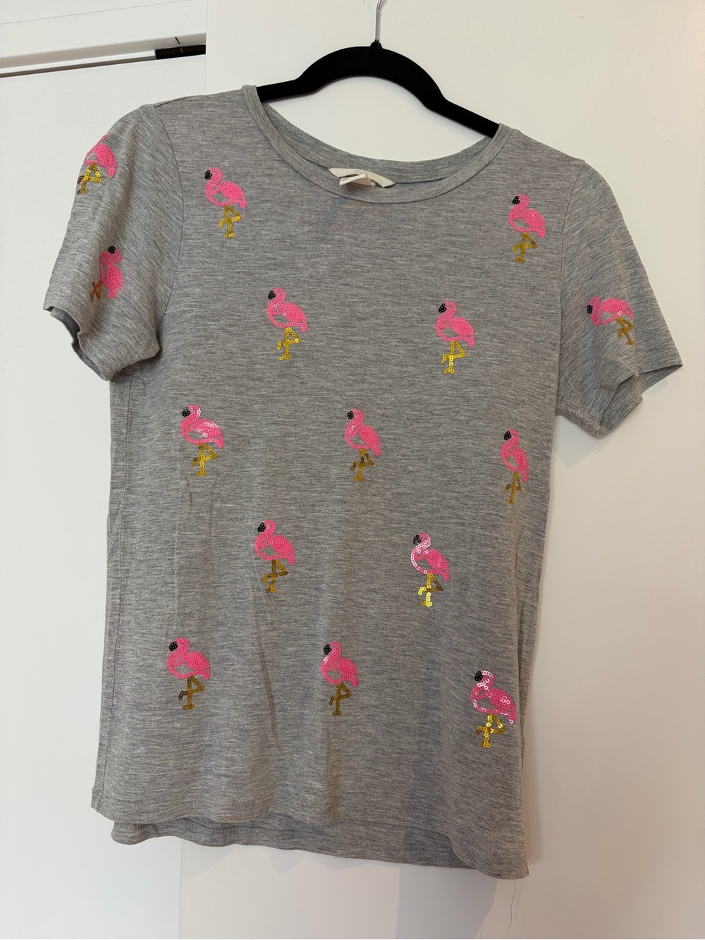 H&M Gray Short-Sleeve Tee with Pink Flamingo Sequin Accents